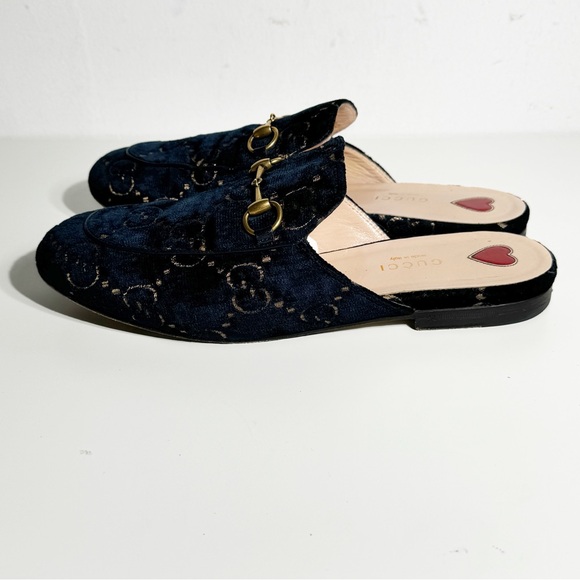Gucci Princetown Velvet loafers Navy Blue with gold horsebit hardware gg sz 38 - Picture 8 of 10